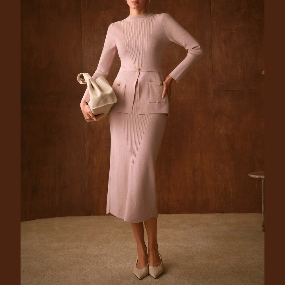 Blush Pink Ribbed Knit Stand Collar Button Front Peplum Top and Midi Skirt Set